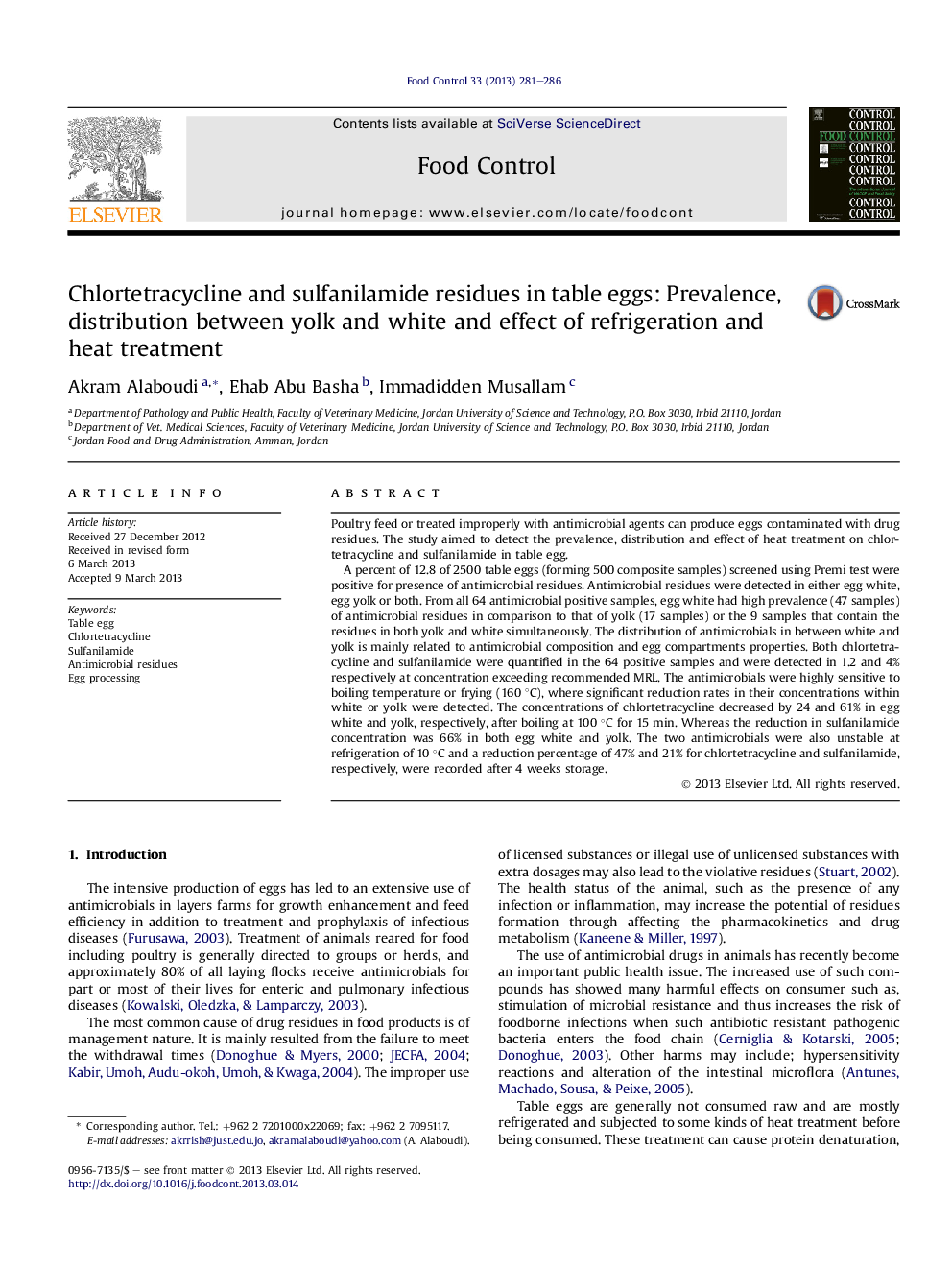 Chlortetracycline and sulfanilamide residues in table eggs: Prevalence, distribution between yolk and white and effect of refrigeration and heat treatment