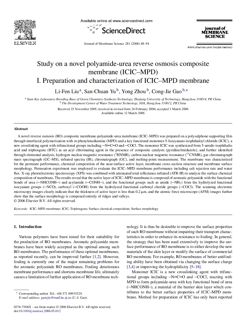 Study on a novel polyamide-urea reverse osmosis composite membrane (ICIC–MPD): I. Preparation and characterization of ICIC–MPD membrane