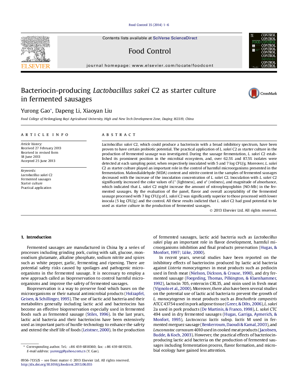 Bacteriocin-producing Lactobacillus sakei C2 as starter culture inÂ fermented sausages