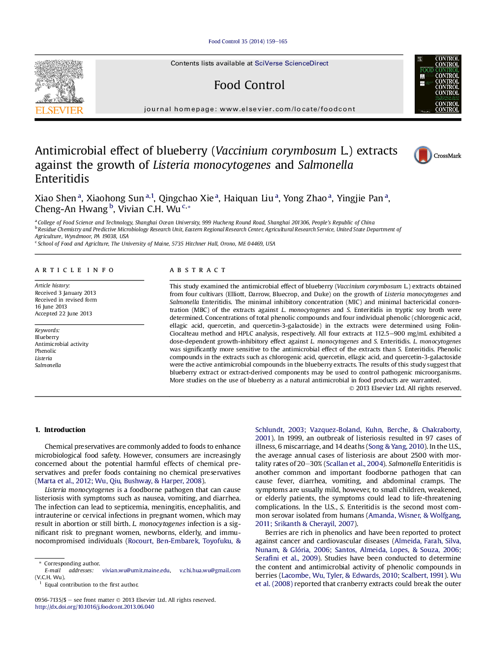 Antimicrobial effect of blueberry (Vaccinium corymbosum L.) extracts against the growth of Listeria monocytogenes and Salmonella Enteritidis