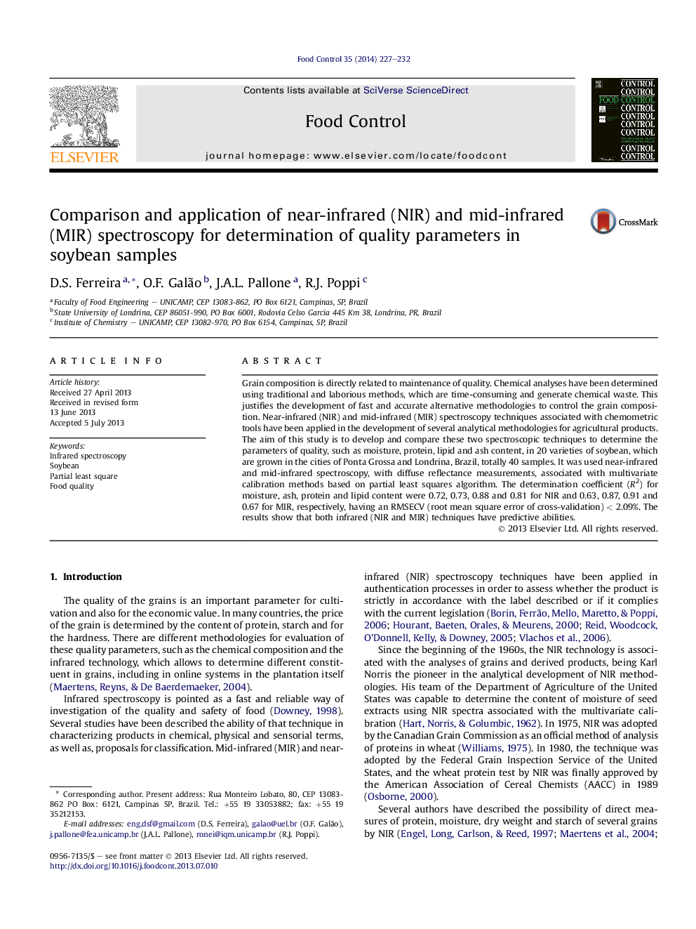 Comparison and application of near-infrared (NIR) and mid-infrared (MIR) spectroscopy for determination of quality parameters in soybean samples