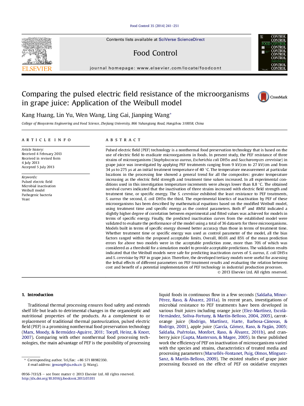 Comparing the pulsed electric field resistance of the microorganisms in grape juice: Application of the Weibull model