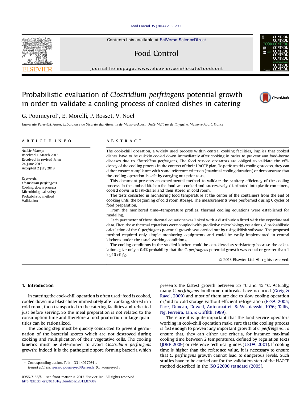 Probabilistic evaluation of Clostridium perfringens potential growth inÂ order to validate a cooling process of cooked dishes in catering