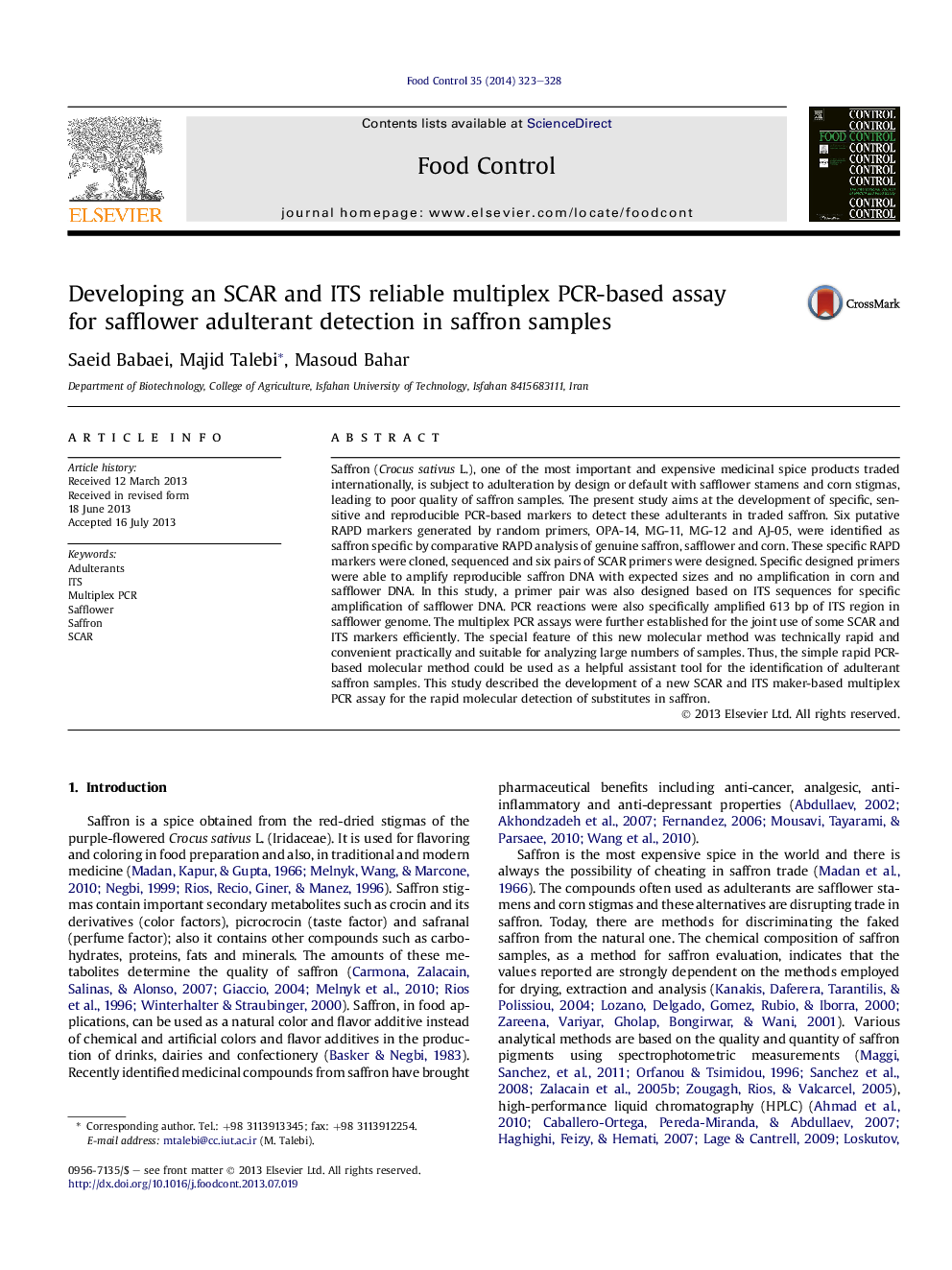 Developing an SCAR and ITS reliable multiplex PCR-based assay forÂ safflower adulterant detection in saffron samples