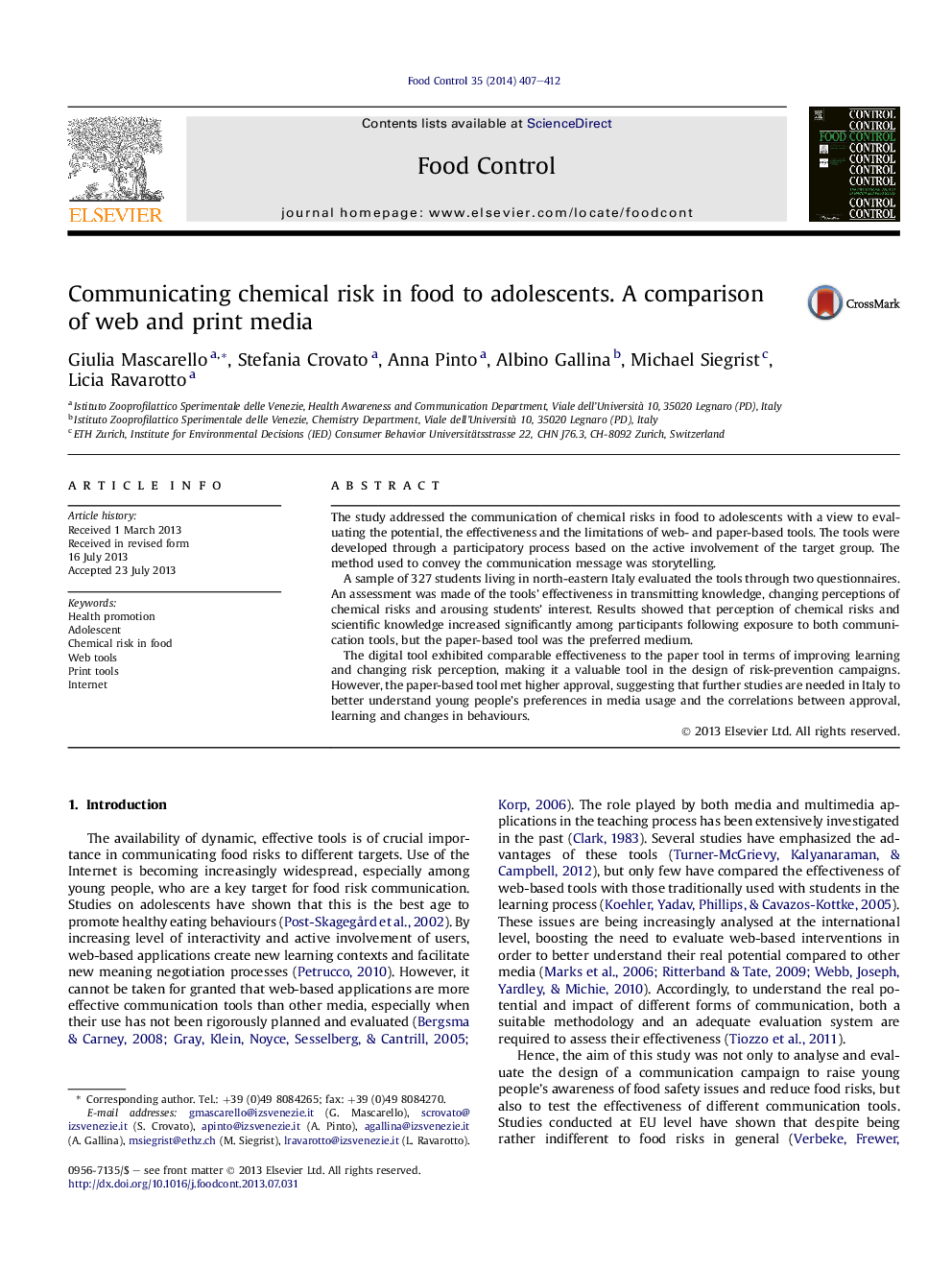 Communicating chemical risk in food to adolescents. A comparison ofÂ web and print media