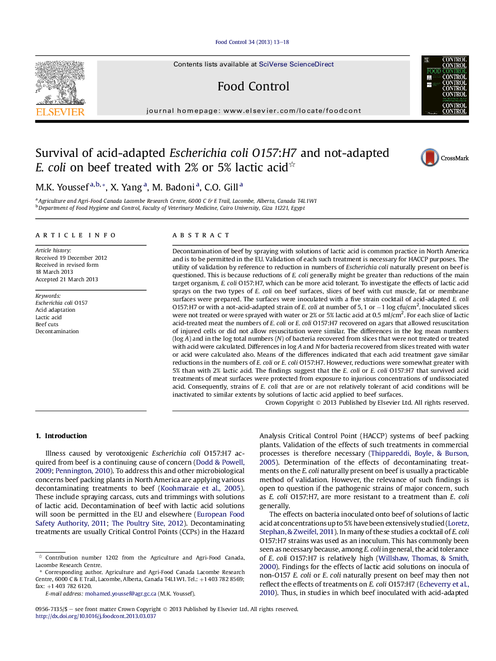 Survival of acid-adapted Escherichia coli O157:H7 and not-adapted E.Â coli on beef treated with 2% or 5% lactic acid