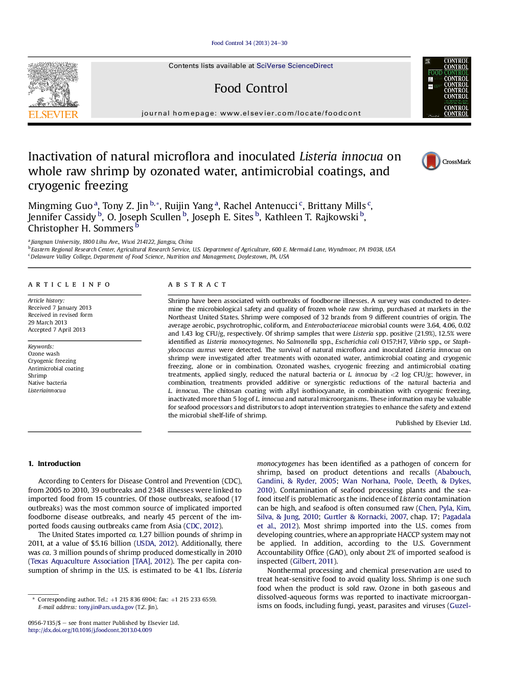 Inactivation of natural microflora and inoculated Listeria innocua on whole raw shrimp by ozonated water, antimicrobial coatings, and cryogenic freezing