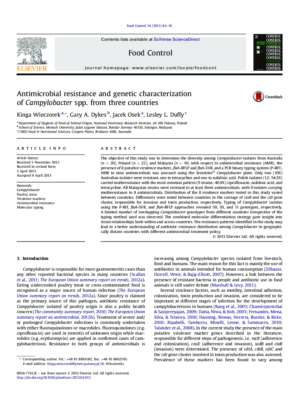 Antimicrobial resistance and genetic characterization ofÂ Campylobacter spp. from three countries