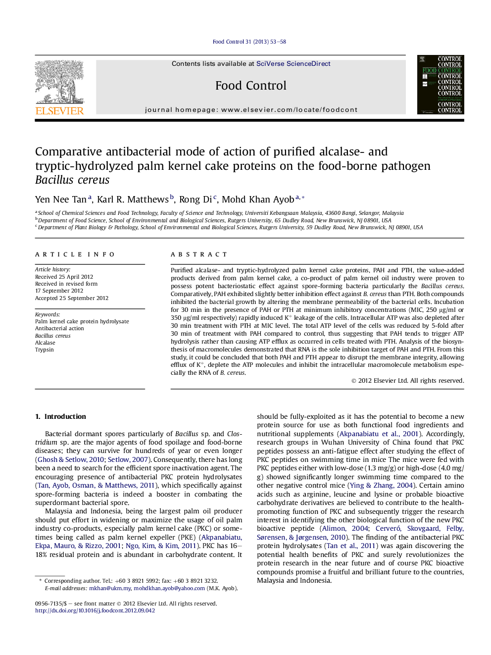 Comparative antibacterial mode of action of purified alcalase- and tryptic-hydrolyzed palm kernel cake proteins on the food-borne pathogen Bacillus cereus