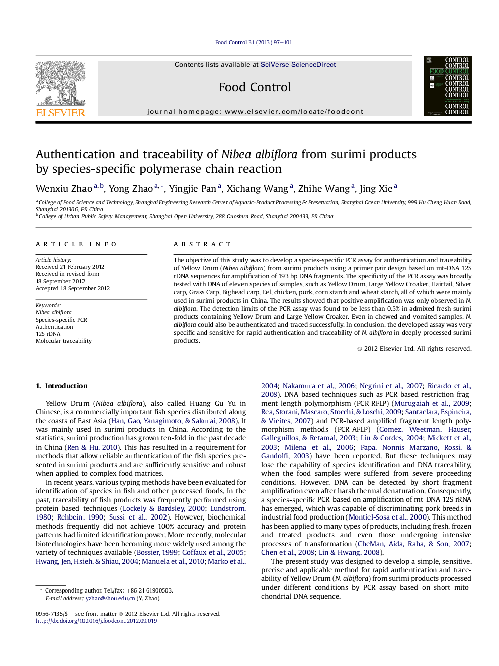 Authentication and traceability of Nibea albiflora from surimi products by species-specific polymerase chain reaction