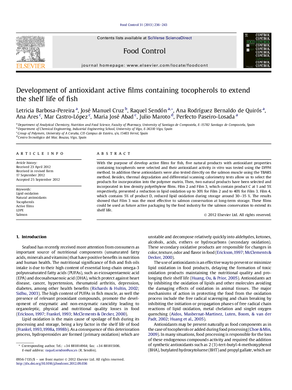 Development of antioxidant active films containing tocopherols to extend theÂ shelf life of fish