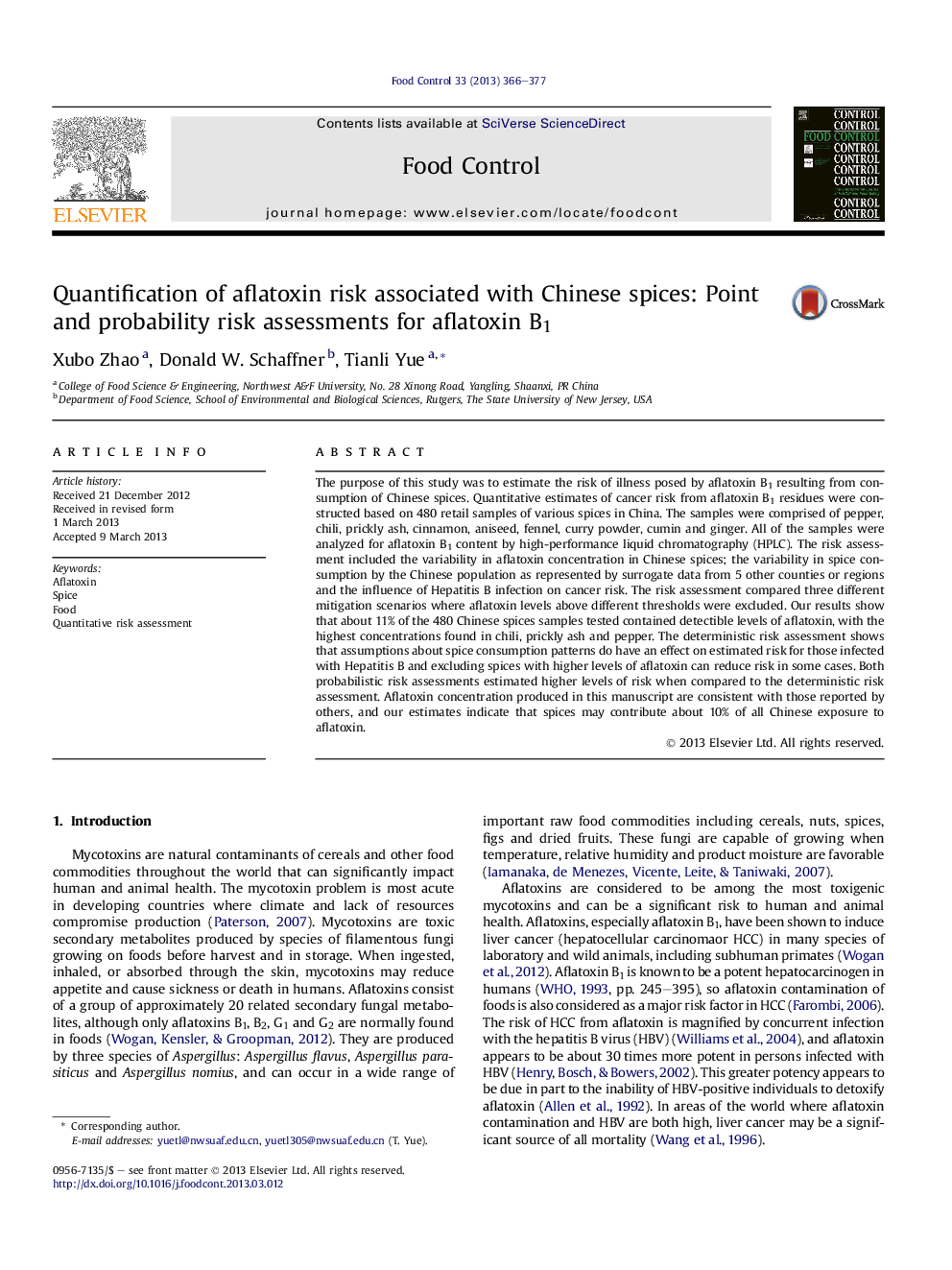 Quantification of aflatoxin risk associated with Chinese spices: Point and probability risk assessments for aflatoxin B1