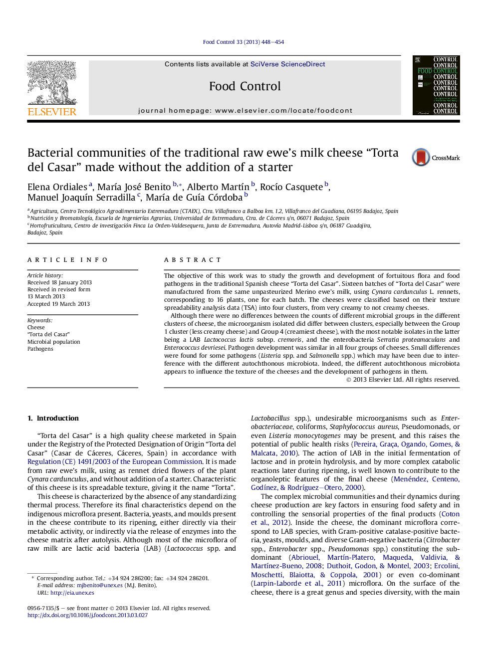 Bacterial communities of the traditional raw ewe's milk cheese “Torta del Casar” made without the addition of a starter