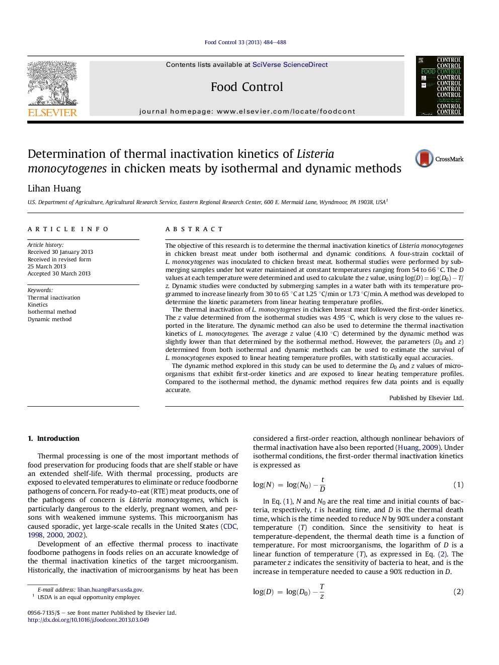 Determination of thermal inactivation kinetics of Listeria monocytogenes in chicken meats by isothermal and dynamic methods