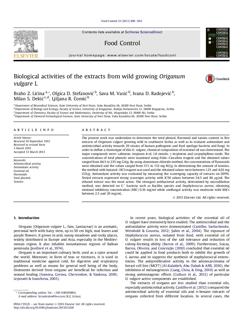 Biological activities of the extracts from wild growing Origanum vulgare L