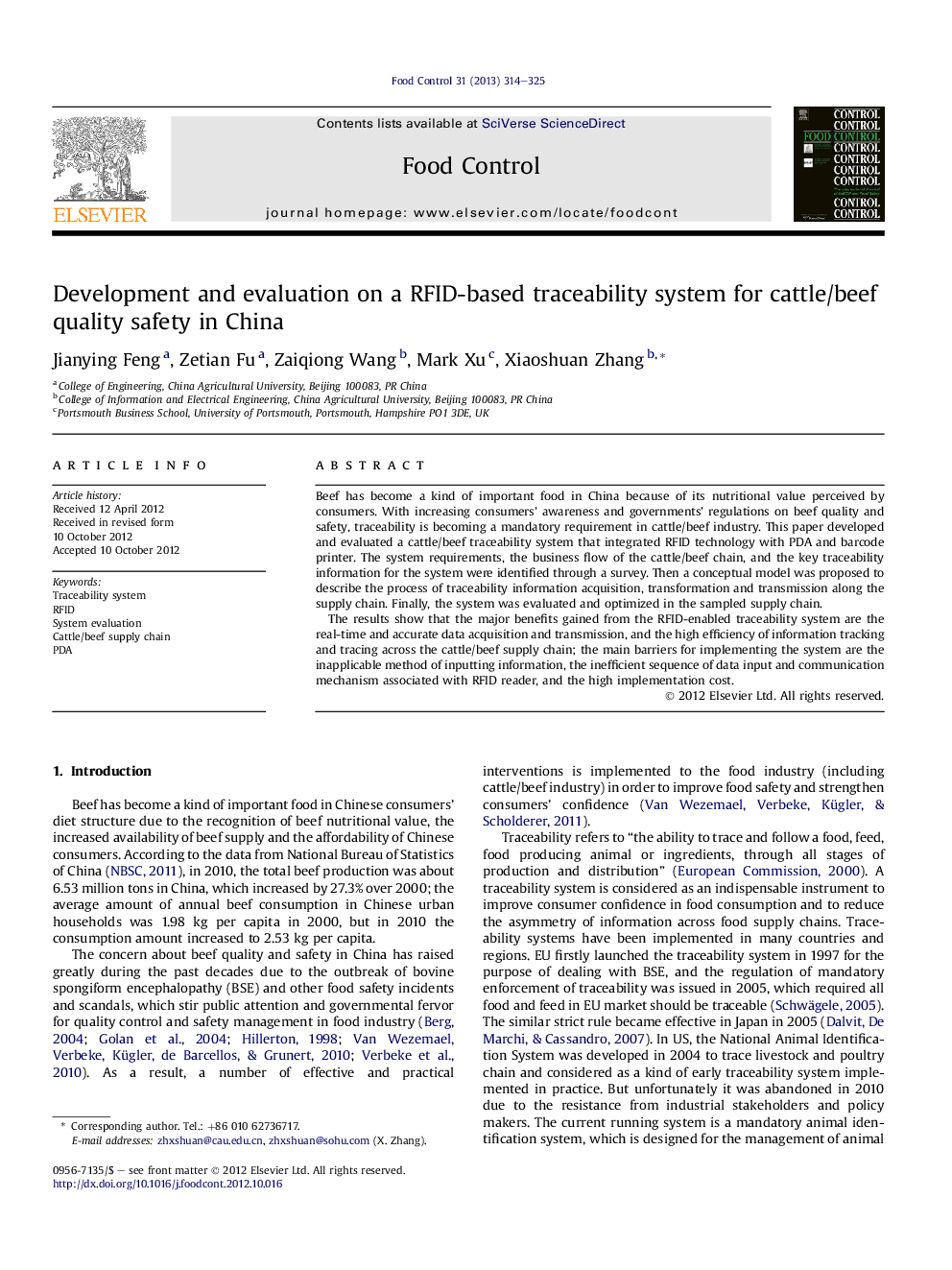 Development and evaluation on a RFID-based traceability system for cattle/beef quality safety in China