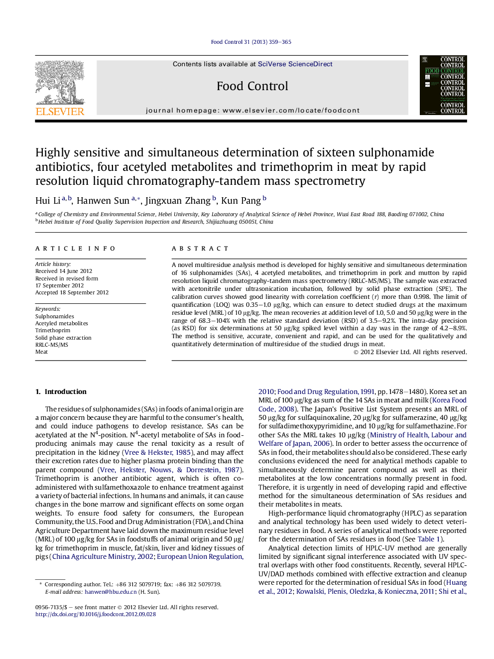 Highly sensitive and simultaneous determination of sixteen sulphonamide antibiotics, four acetyled metabolites and trimethoprim in meat by rapid resolution liquid chromatography-tandem mass spectrometry