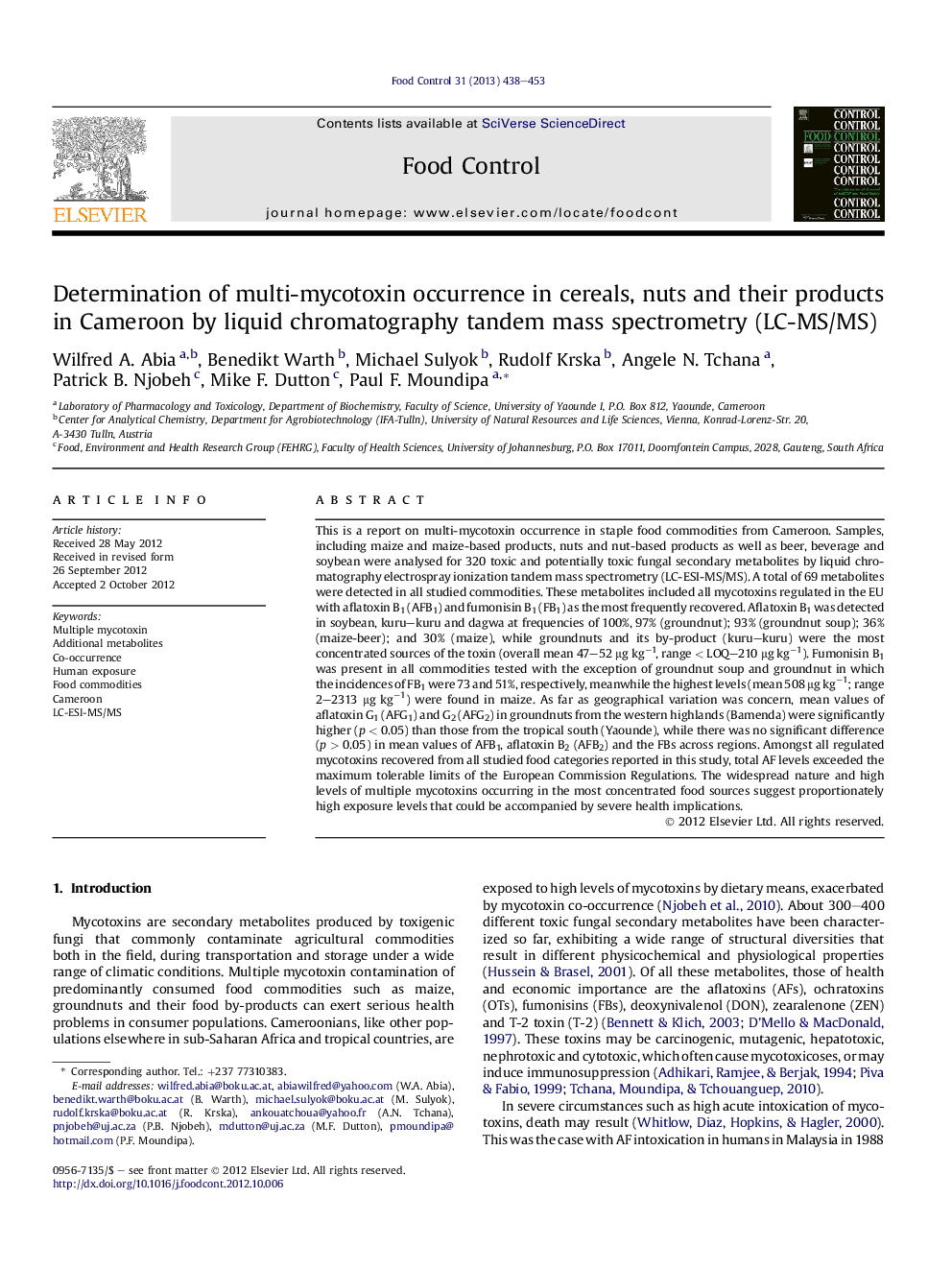 Determination of multi-mycotoxin occurrence in cereals, nuts and their products in Cameroon by liquid chromatography tandem mass spectrometry (LC-MS/MS)