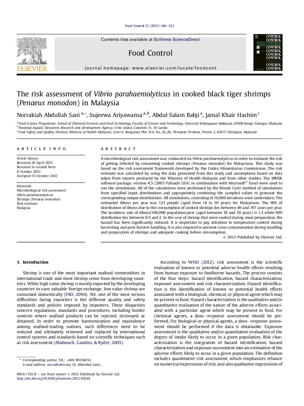 The risk assessment of Vibrio parahaemolyticus in cooked black tiger shrimps (Penaeus monodon) in Malaysia