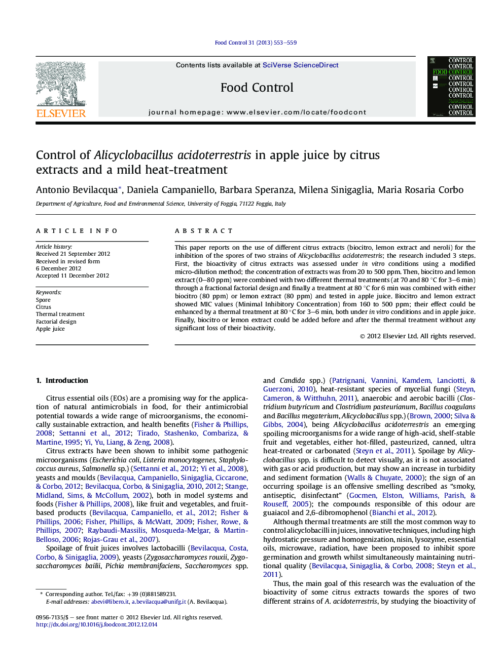 Control of Alicyclobacillus acidoterrestris in apple juice by citrus extracts and a mild heat-treatment