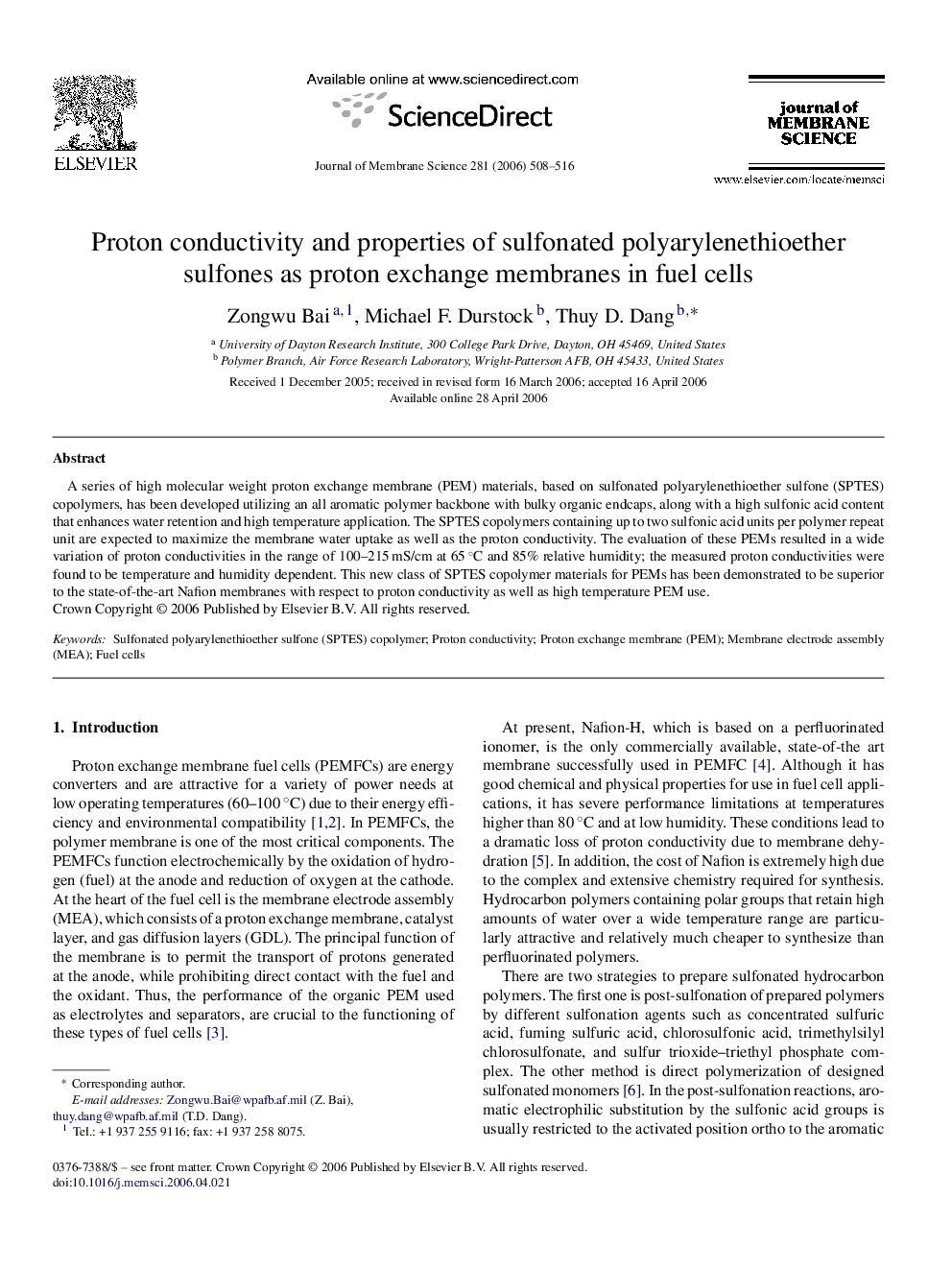 Proton conductivity and properties of sulfonated polyarylenethioether sulfones as proton exchange membranes in fuel cells