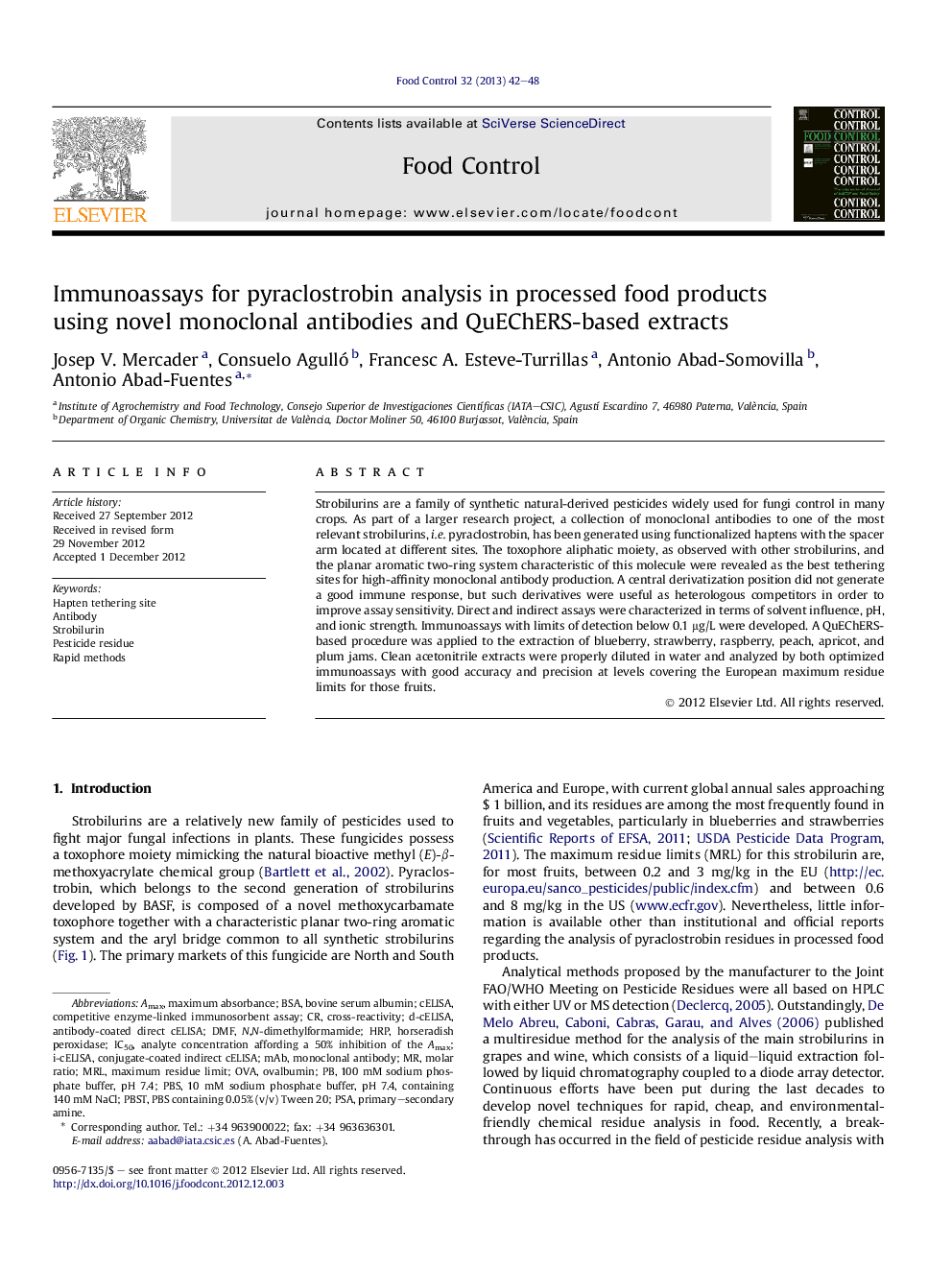 Immunoassays for pyraclostrobin analysis in processed food products using novel monoclonal antibodies and QuEChERS-based extracts