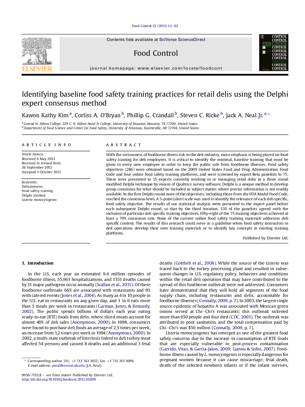 Identifying baseline food safety training practices for retail delis using the Delphi expert consensus method