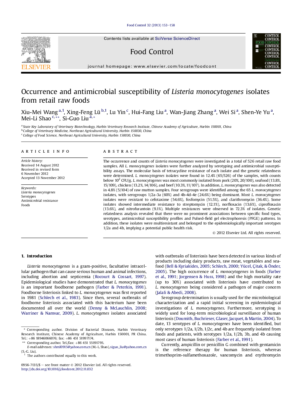 Occurrence and antimicrobial susceptibility of Listeria monocytogenes isolates from retail raw foods