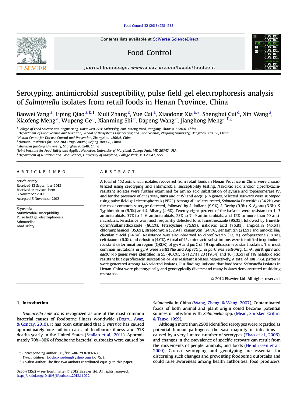 Serotyping, antimicrobial susceptibility, pulse field gel electrophoresis analysis of Salmonella isolates from retail foods in Henan Province, China