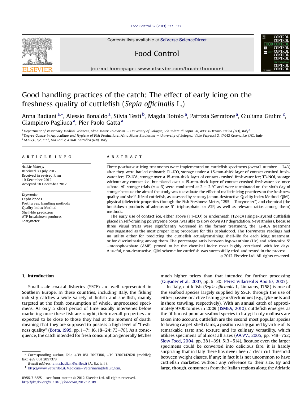 Good handling practices of the catch: The effect of early icing on the freshness quality of cuttlefish (Sepia officinalis L.)