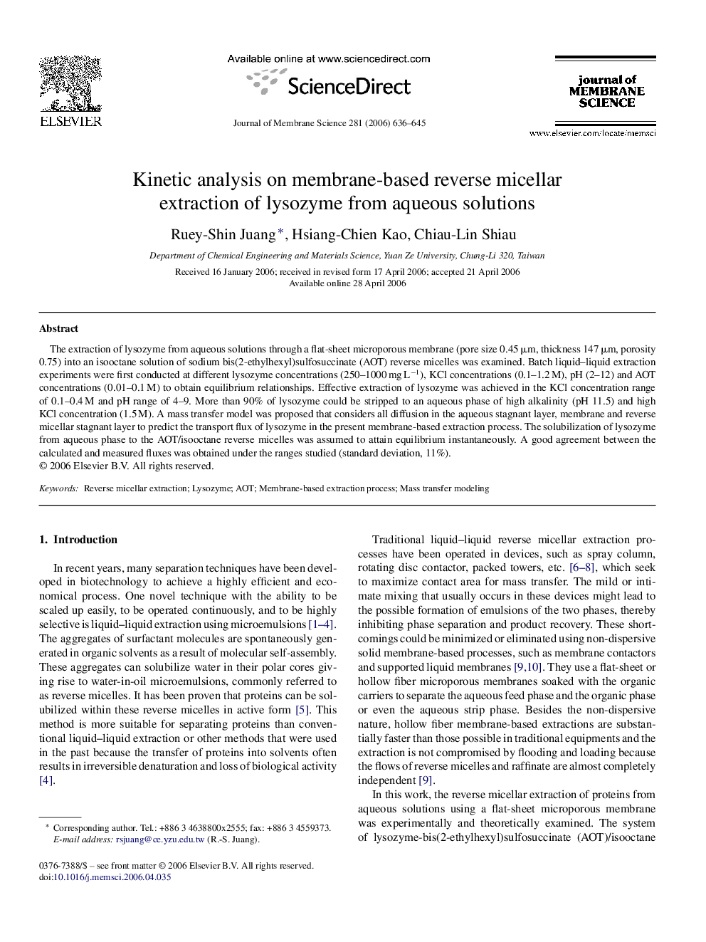 Kinetic analysis on membrane-based reverse micellar extraction of lysozyme from aqueous solutions