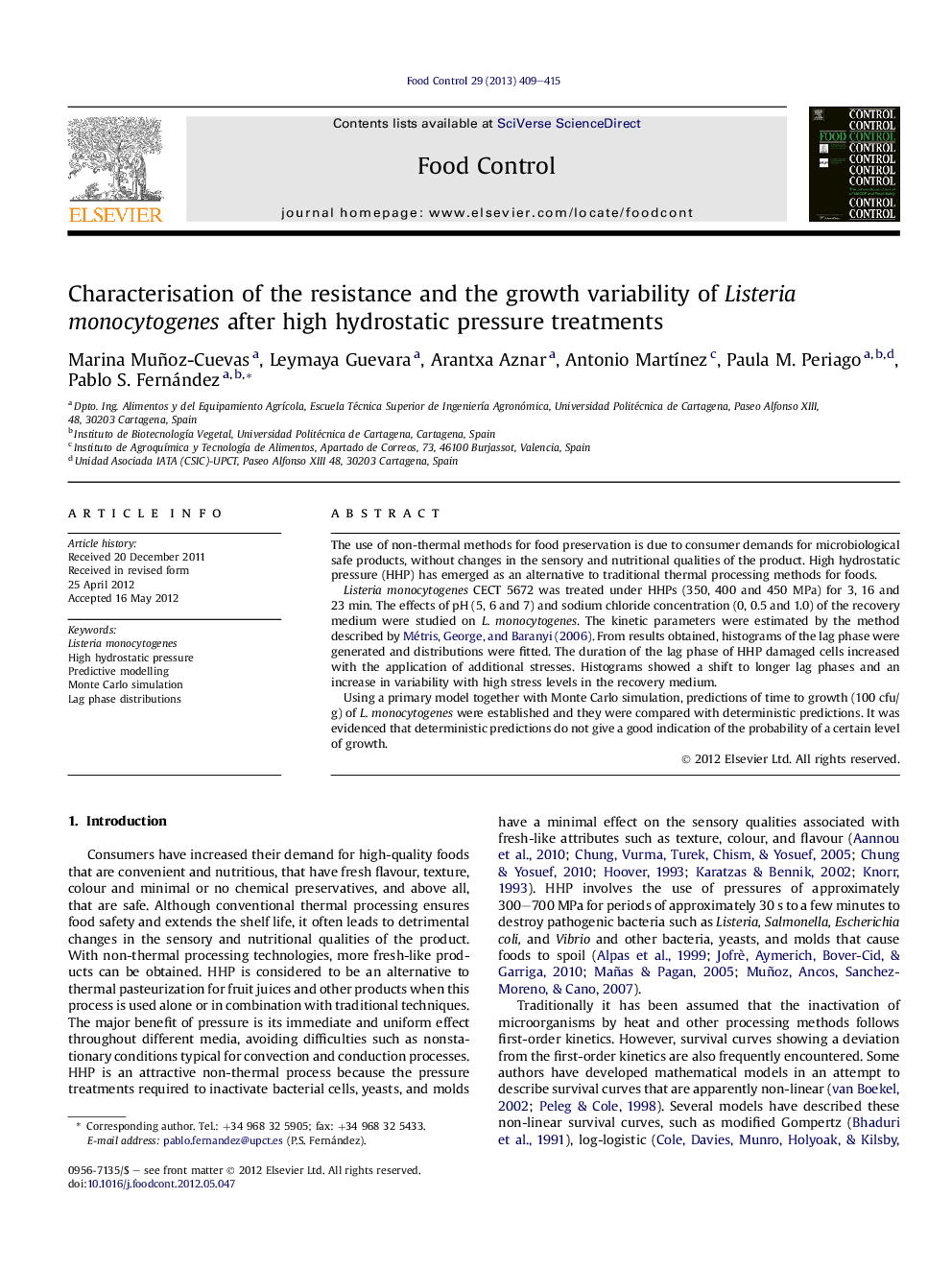 Characterisation of the resistance and the growth variability of Listeria monocytogenes after high hydrostatic pressure treatments