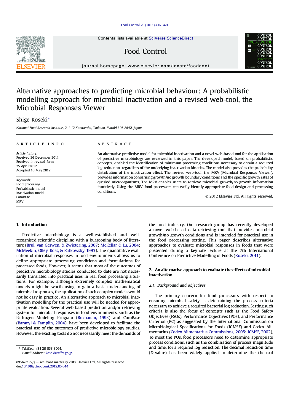 Alternative approaches to predicting microbial behaviour: A probabilistic modelling approach for microbial inactivation and a revised web-tool, the Microbial Responses Viewer