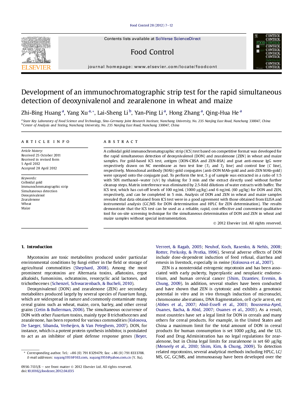 Development of an immunochromatographic strip test for the rapid simultaneous detection of deoxynivalenol and zearalenone in wheat and maize