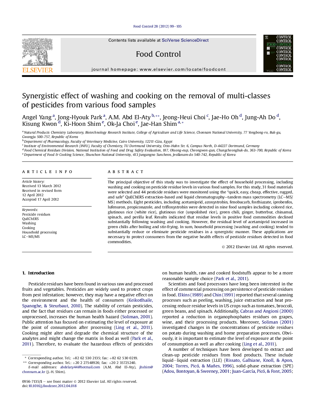 Synergistic effect of washing and cooking on the removal of multi-classes of pesticides from various food samples