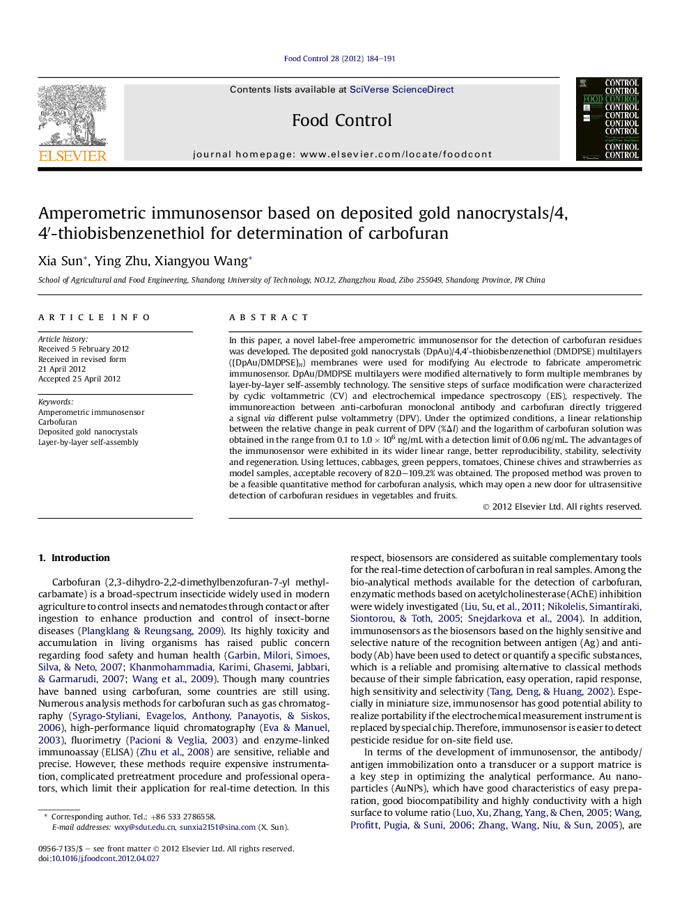 Amperometric immunosensor based on deposited gold nanocrystals/4,4â²-thiobisbenzenethiol for determination of carbofuran