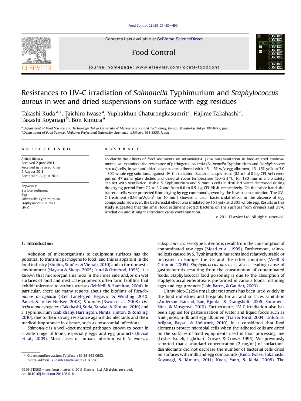 Resistances to UV-C irradiation of Salmonella Typhimurium and Staphylococcus aureus in wet and dried suspensions on surface with egg residues