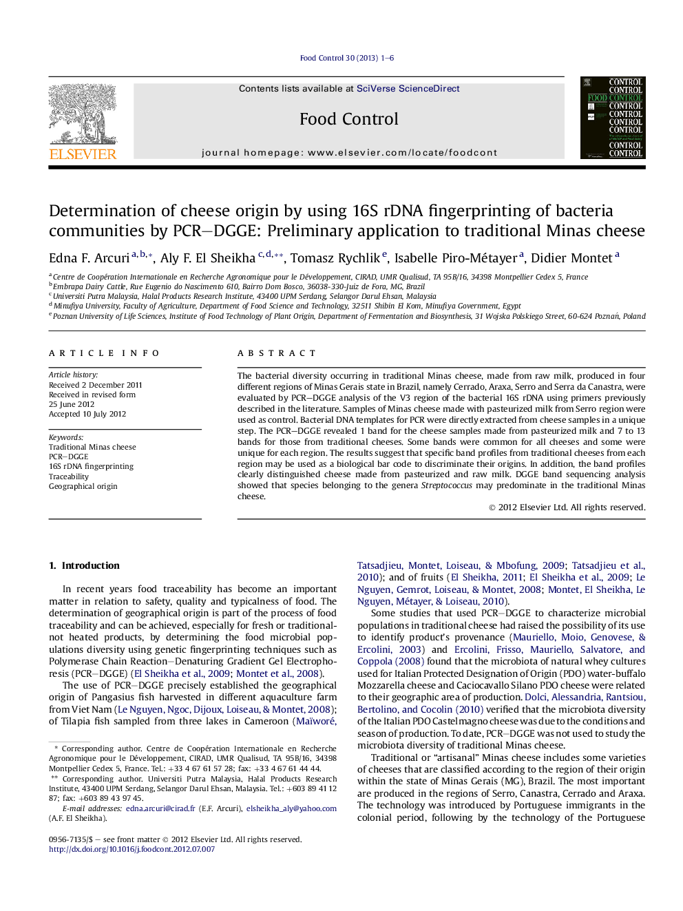 Determination of cheese origin by using 16S rDNA fingerprinting of bacteria communities by PCR-DGGE: Preliminary application to traditional Minas cheese