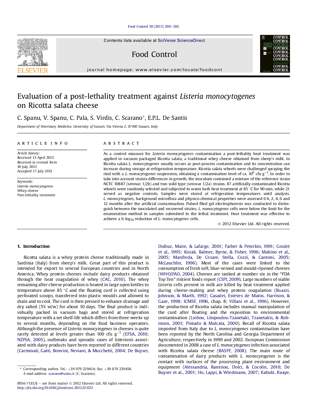 Evaluation of a post-lethality treatment against Listeria monocytogenes on Ricotta salata cheese