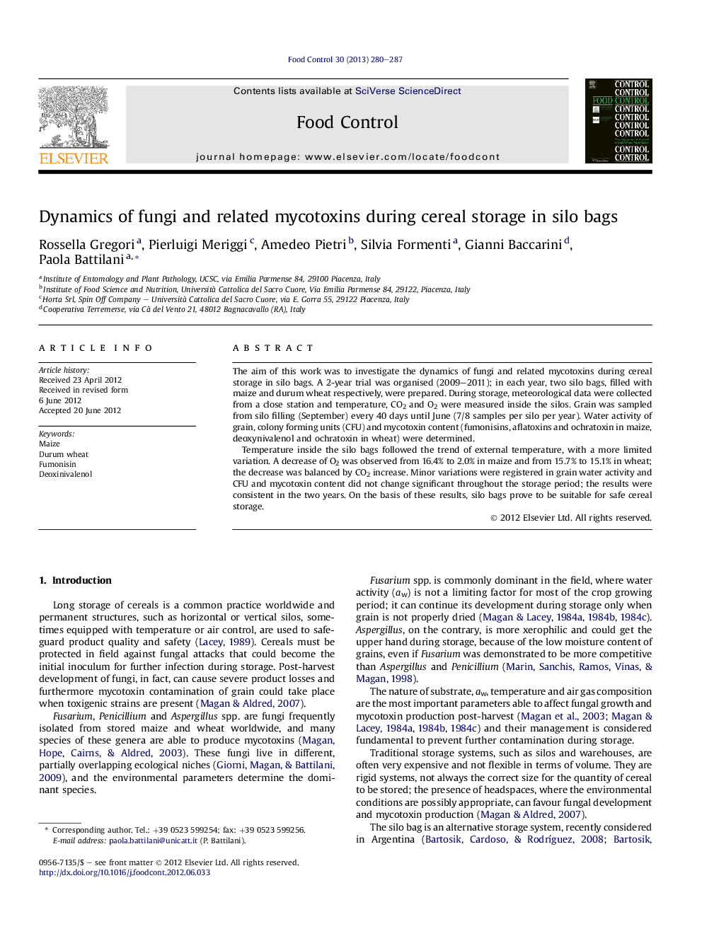 Dynamics of fungi and related mycotoxins during cereal storage in silo bags