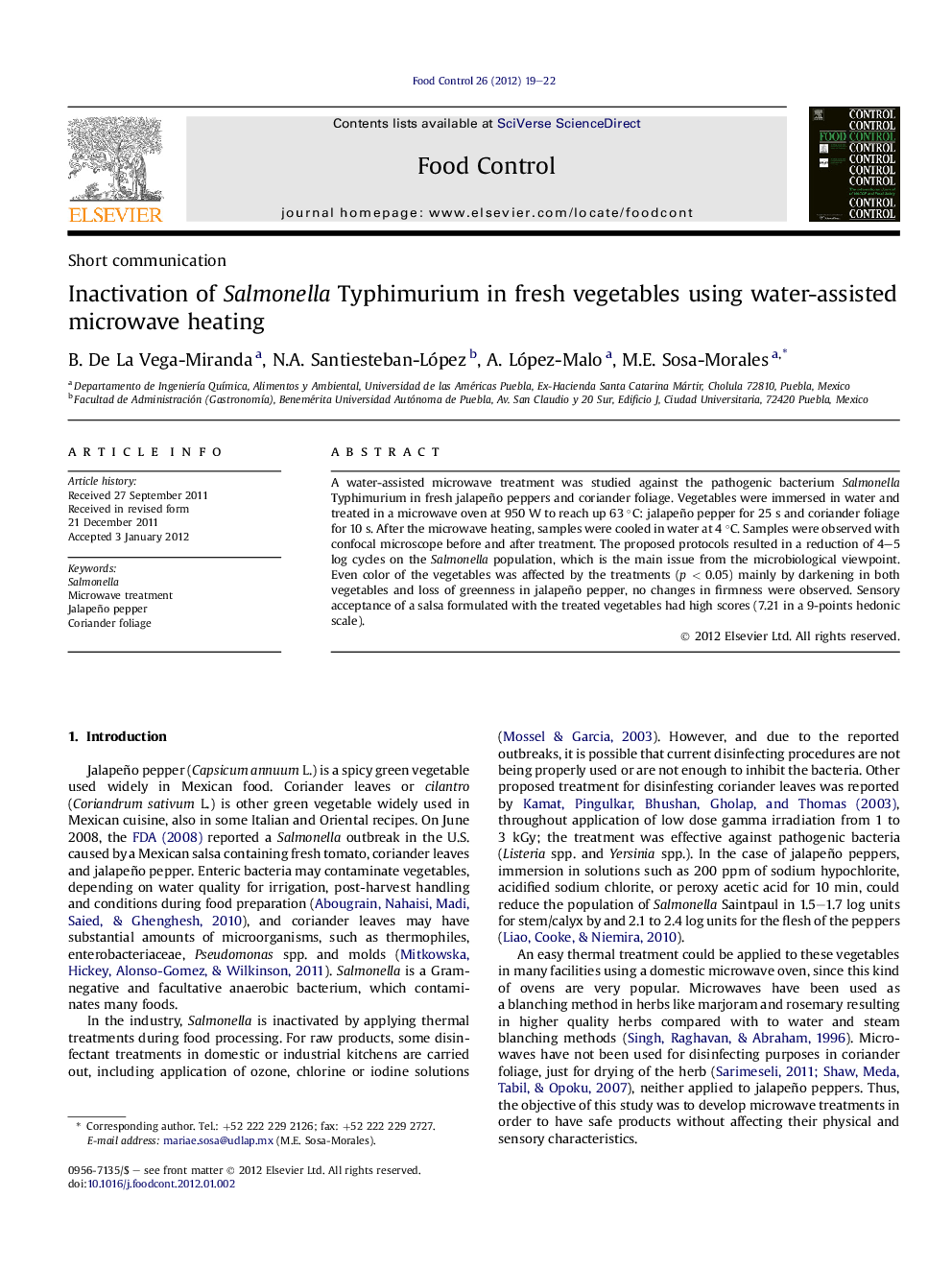 Short communicationInactivation of Salmonella Typhimurium in fresh vegetables using water-assisted microwave heating