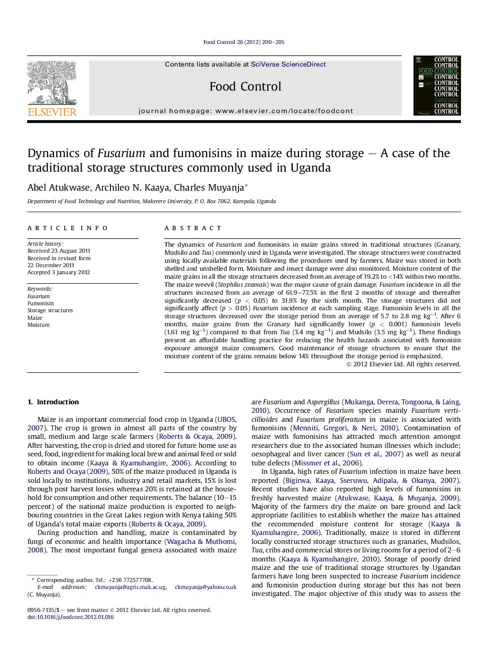 Dynamics of Fusarium and fumonisins in maize during storage - A case of the traditional storage structures commonly used in Uganda