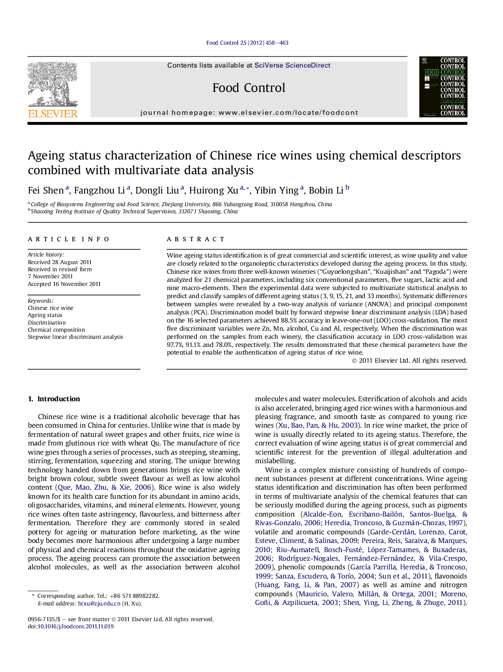 Ageing status characterization of Chinese rice wines using chemical descriptors combined with multivariate data analysis