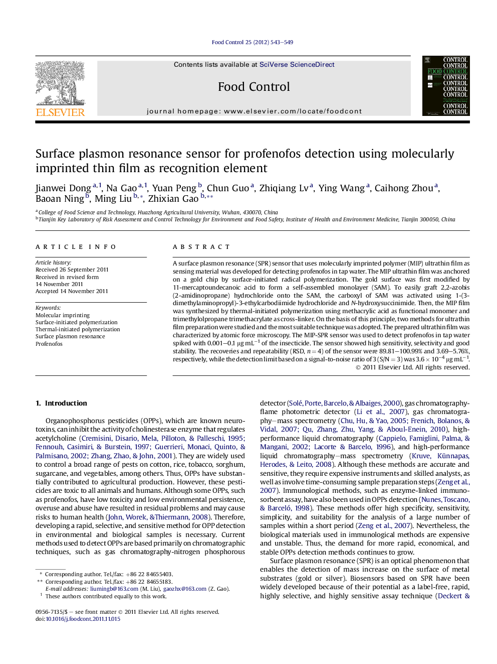 Surface plasmon resonance sensor for profenofos detection using molecularly imprinted thin film as recognition element