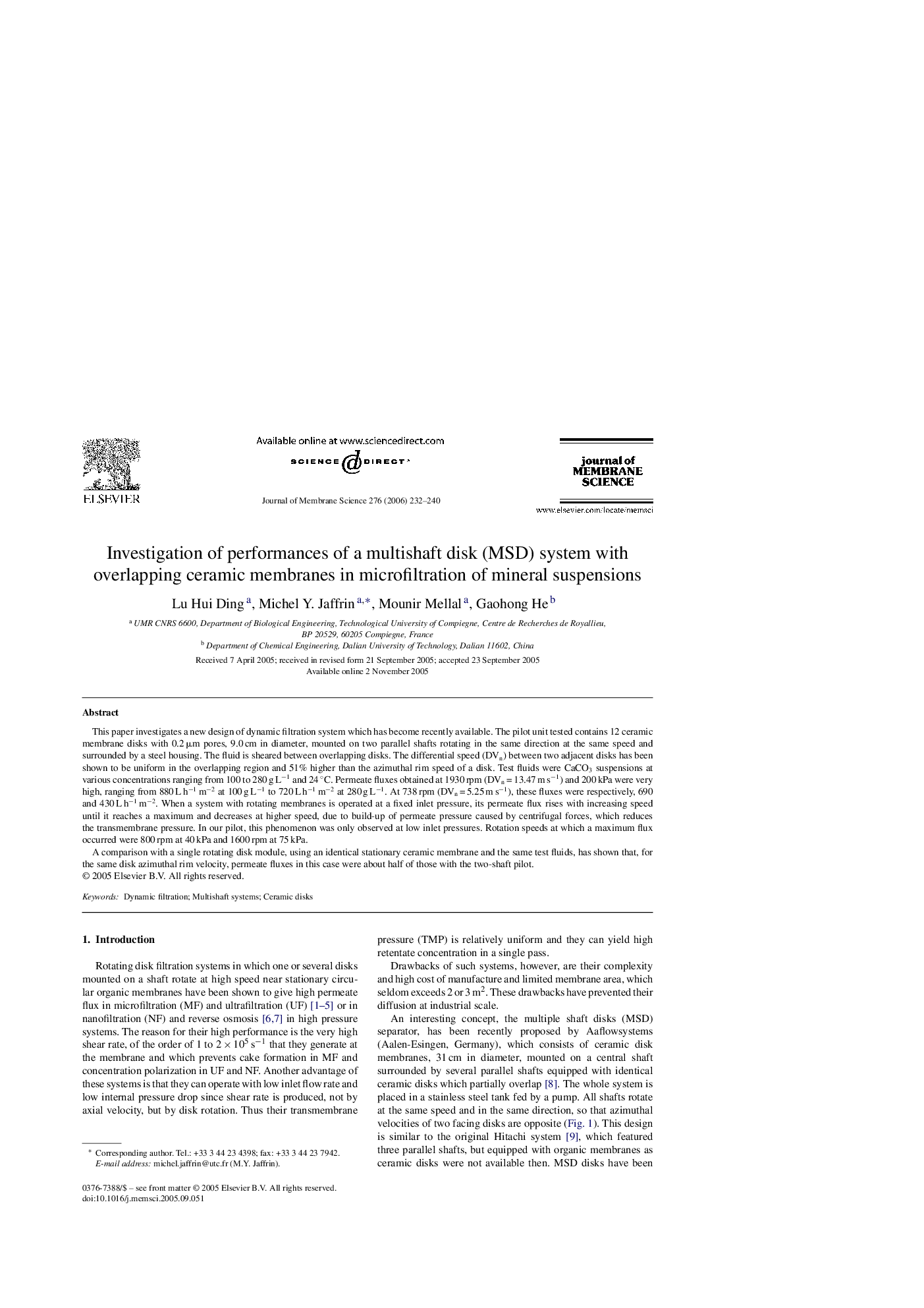 عکس صفحه اول مقاله: Investigation of performances of a multishaft disk (MSD) system with overlapping ceramic membranes in microfiltration of mineral suspensions Investigation of performances of a multishaft disk (MSD) system with overlapping ceramic membranes in microfiltration of mineral suspensions