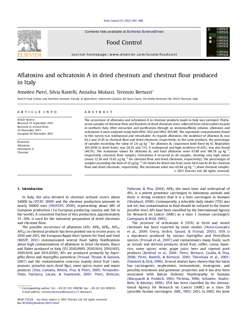 Aflatoxins and ochratoxin A in dried chestnuts and chestnut flour produced in Italy