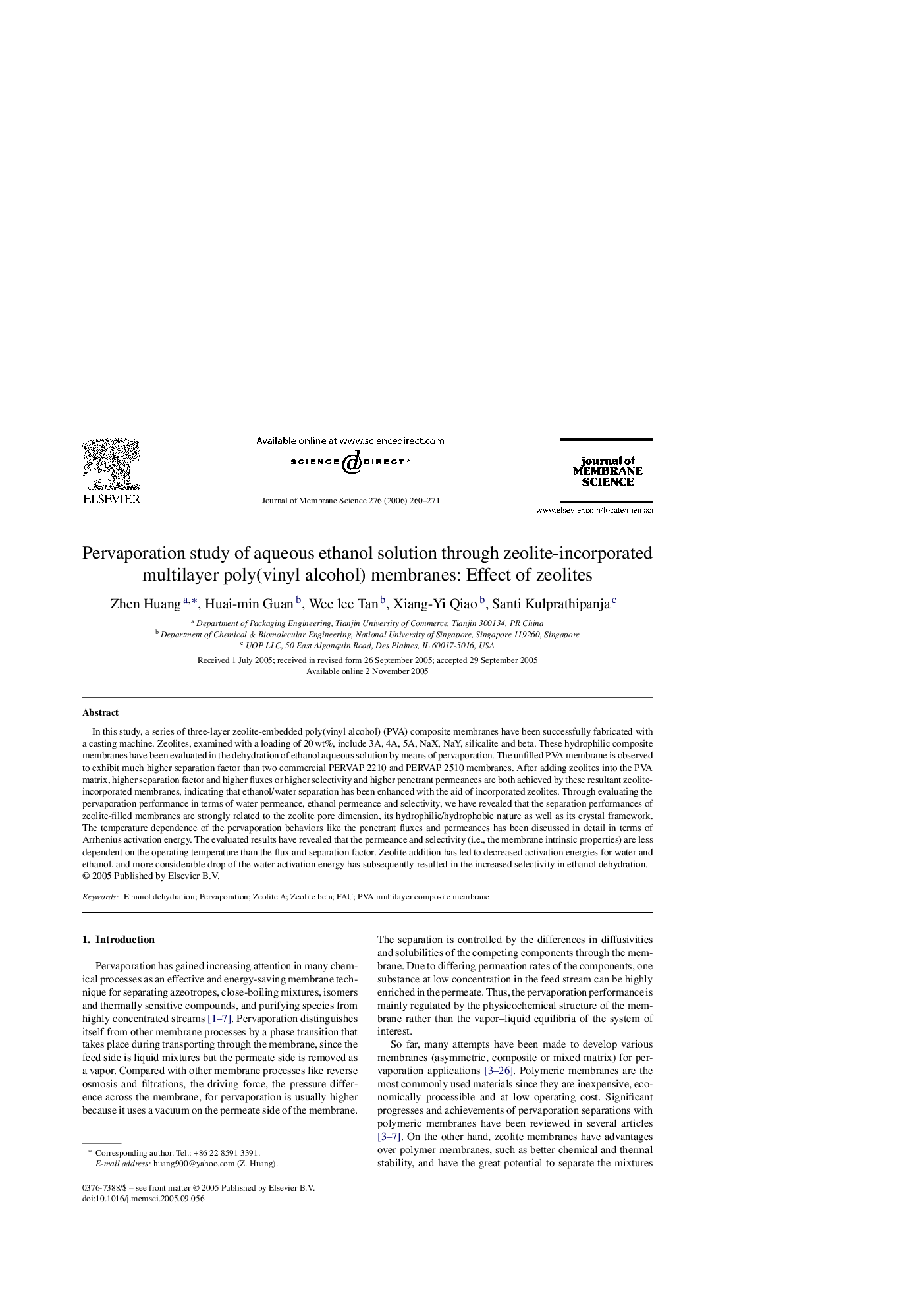 Pervaporation study of aqueous ethanol solution through zeolite-incorporated multilayer poly(vinyl alcohol) membranes: Effect of zeolites