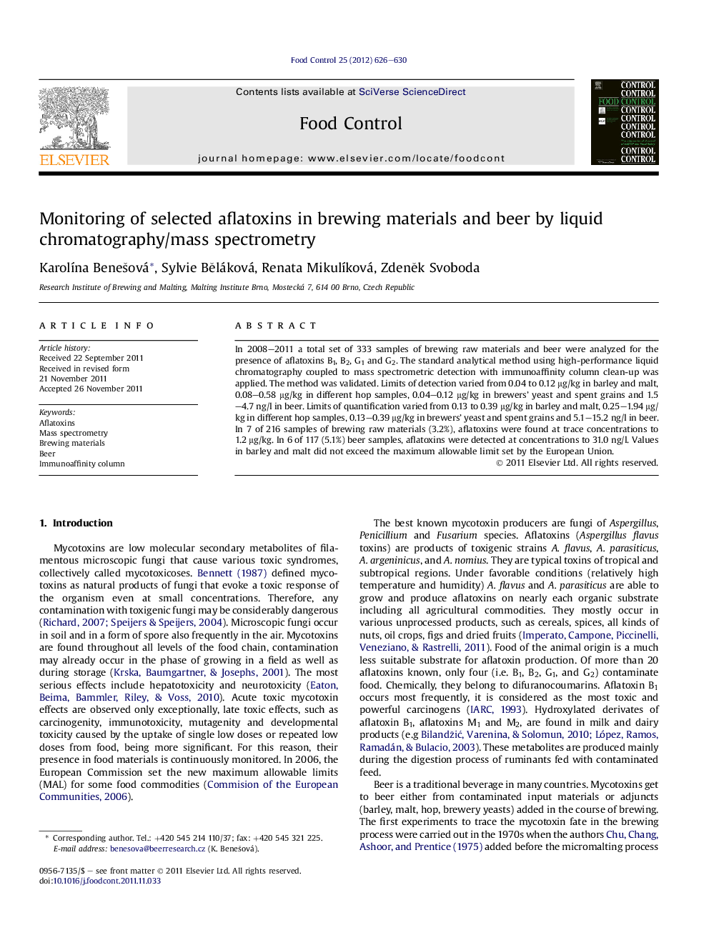 Monitoring of selected aflatoxins in brewing materials and beer by liquid chromatography/mass spectrometry