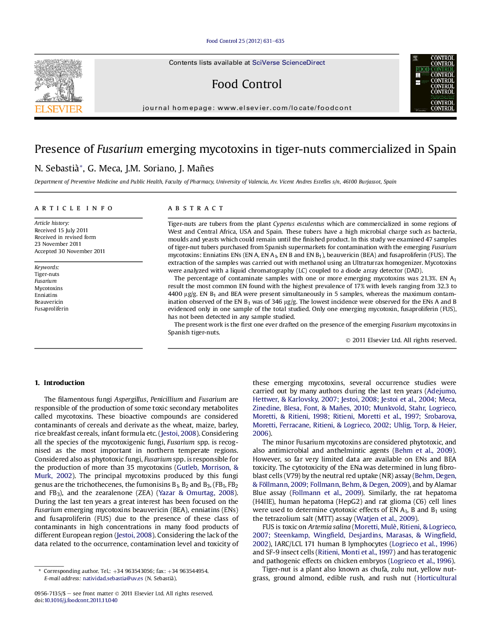 عکس صفحه اول مقاله: Presence of Fusarium emerging mycotoxins in tiger-nuts commercialized in Spain Presence of Fusarium emerging mycotoxins in tiger-nuts commercialized in Spain
