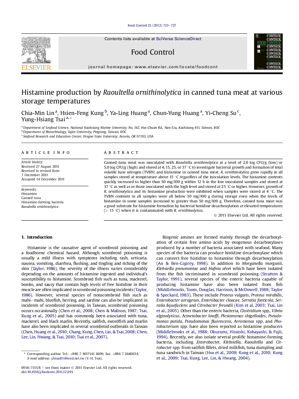 Histamine production by Raoultella ornithinolytica in canned tuna meat at various storage temperatures